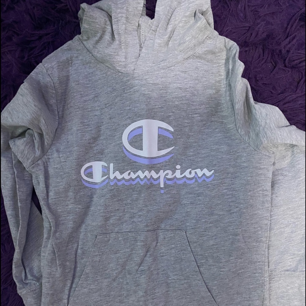 Gray champion hooded sweatshirt.